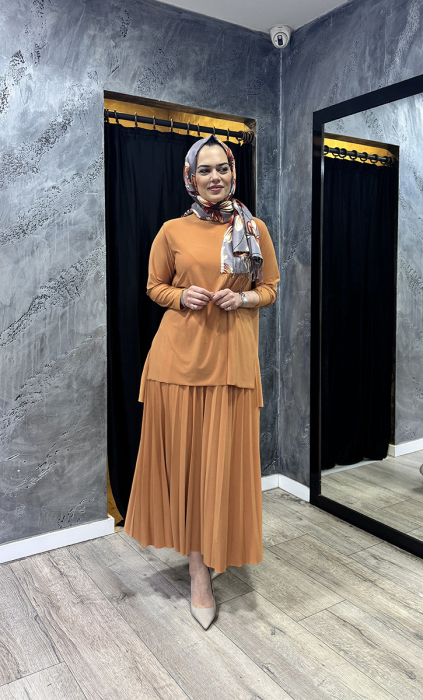 Afili Eteği Pliseli Büyük Tunik Takım KAYISI - 1
