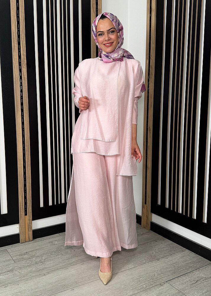 Ceremony Bluzunun Önü Parçalı Bol Paça Pantolonlu Nil Takım PEMBE