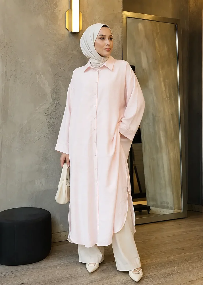 Ceremony Önden Düğmeli Uzun Tunik PEMBE