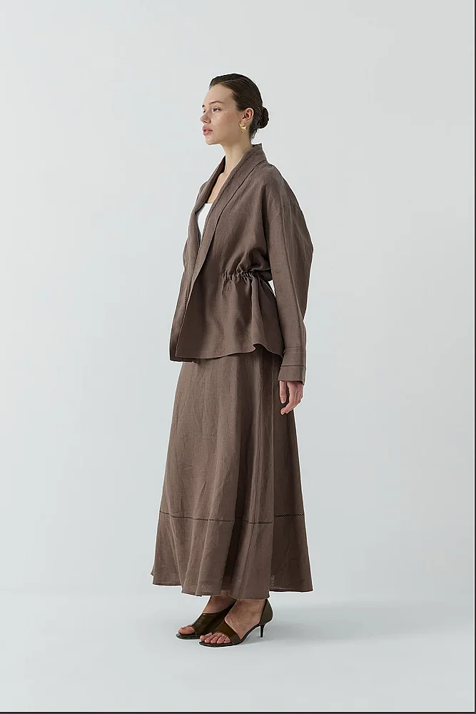 Clande Dantel Detaylı Beli Bağlamalı Keten Kimono KAHVE - 5
