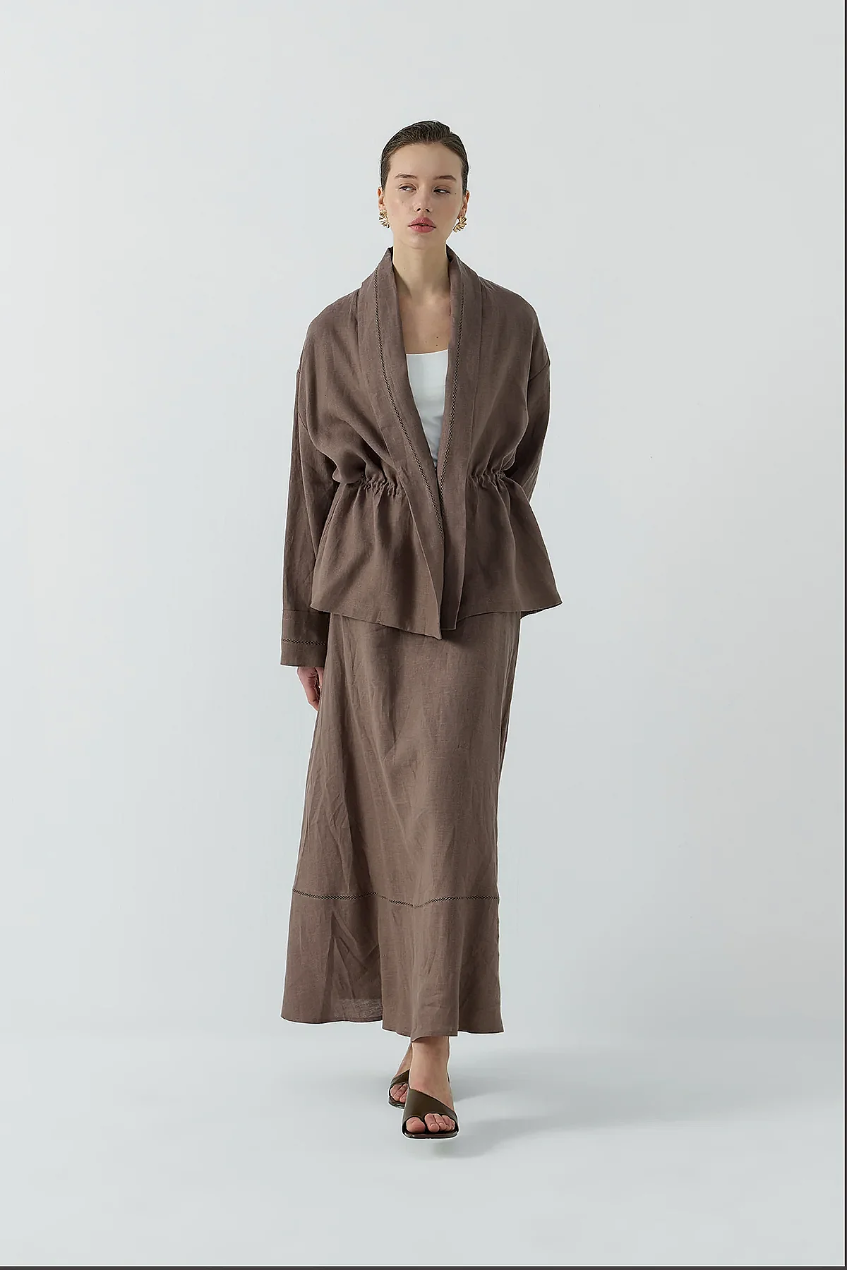 Clande Dantel Detaylı Beli Bağlamalı Keten Kimono KAHVE - 6