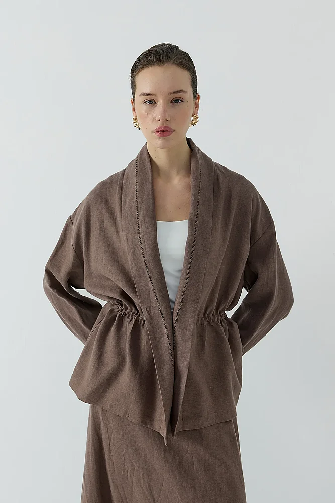 Clande Dantel Detaylı Beli Bağlamalı Keten Kimono KAHVE