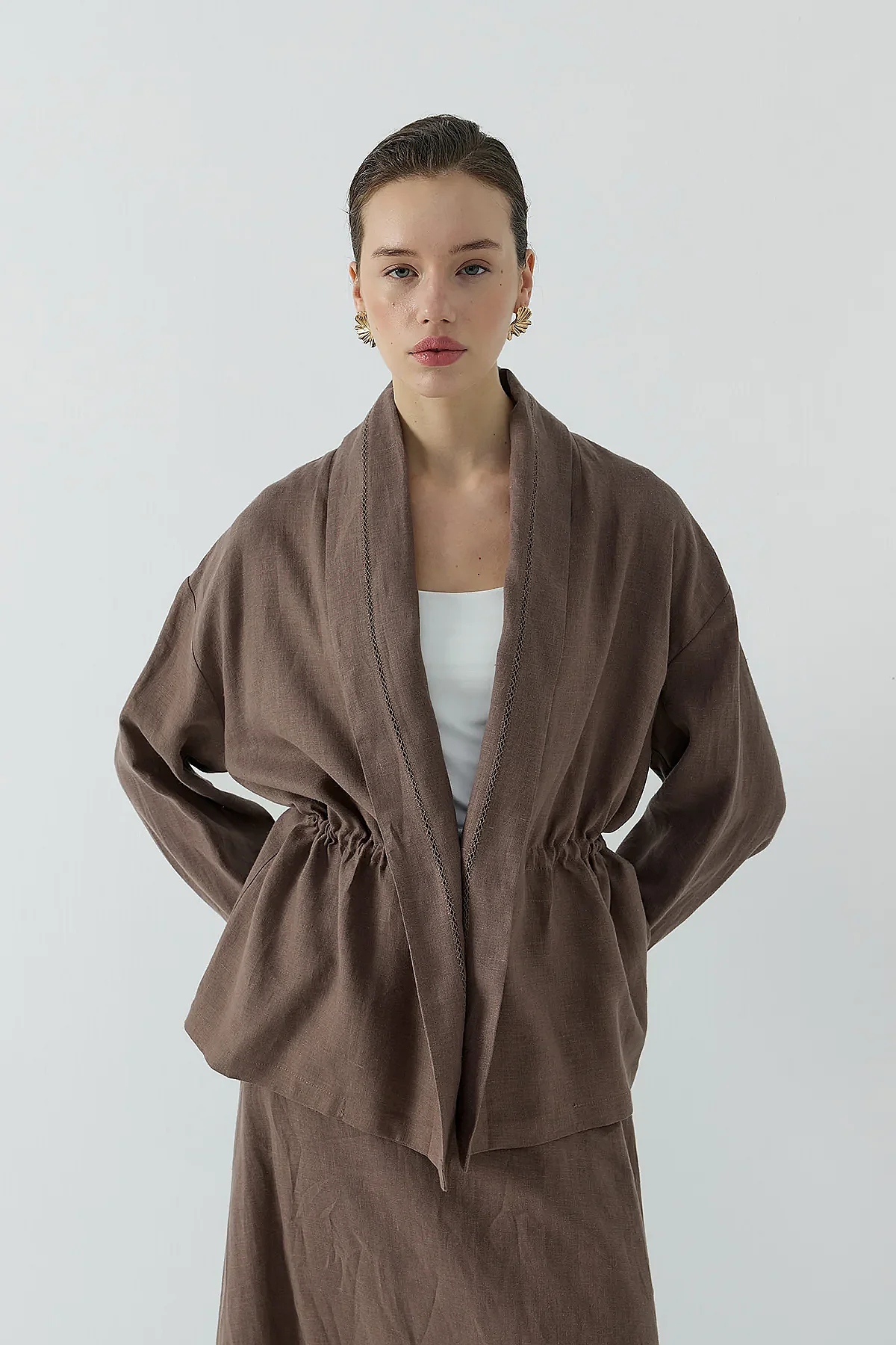 Clande Dantel Detaylı Beli Bağlamalı Keten Kimono KAHVE - 1
