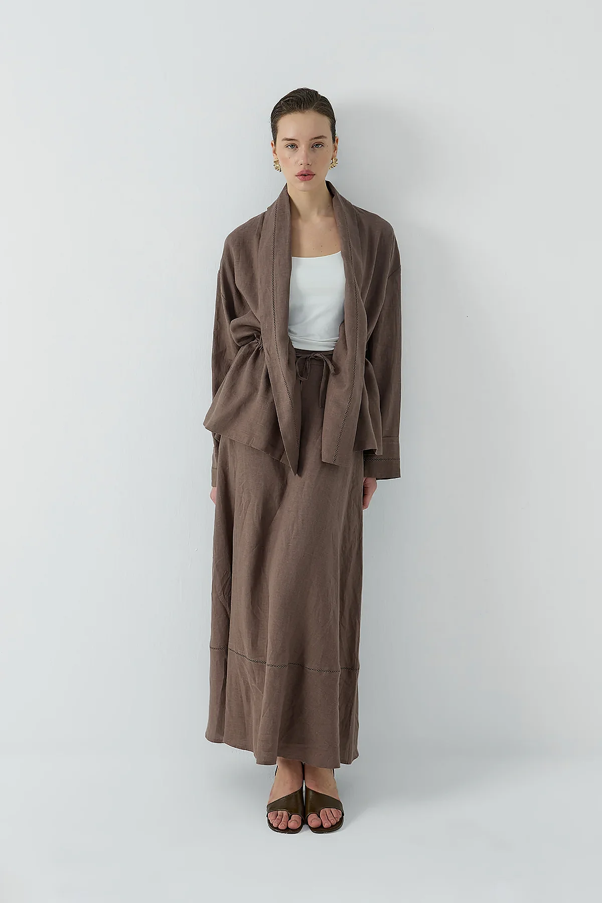 Clande Dantel Detaylı Beli Bağlamalı Keten Kimono KAHVE - 7