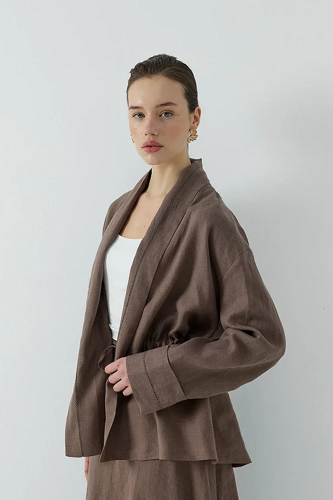 Clande Dantel Detaylı Beli Bağlamalı Keten Kimono KAHVE - 2