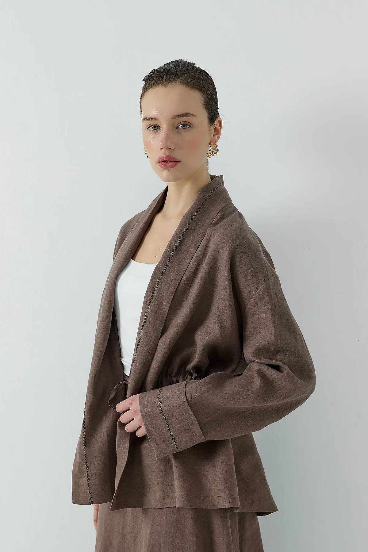 Clande Dantel Detaylı Beli Bağlamalı Keten Kimono KAHVE - 2