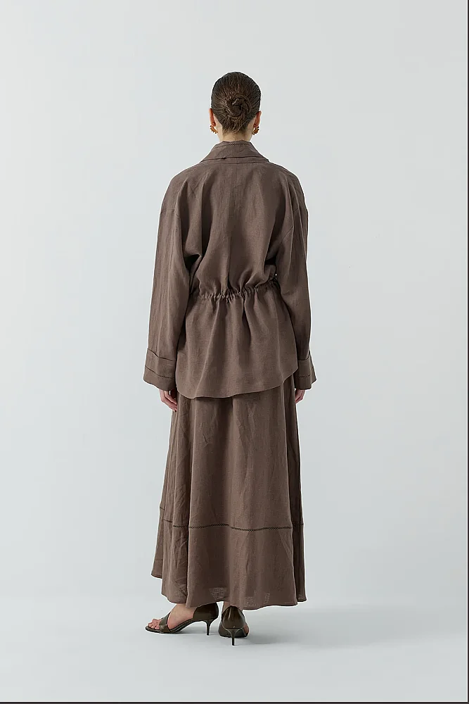 Clande Dantel Detaylı Beli Bağlamalı Keten Kimono KAHVE - 3