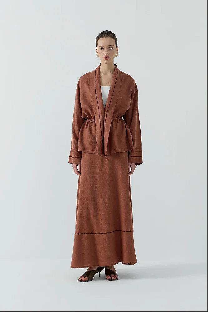 Clande Dantel Detaylı Beli Bağlamalı Keten Kimono TARÇIN - 4