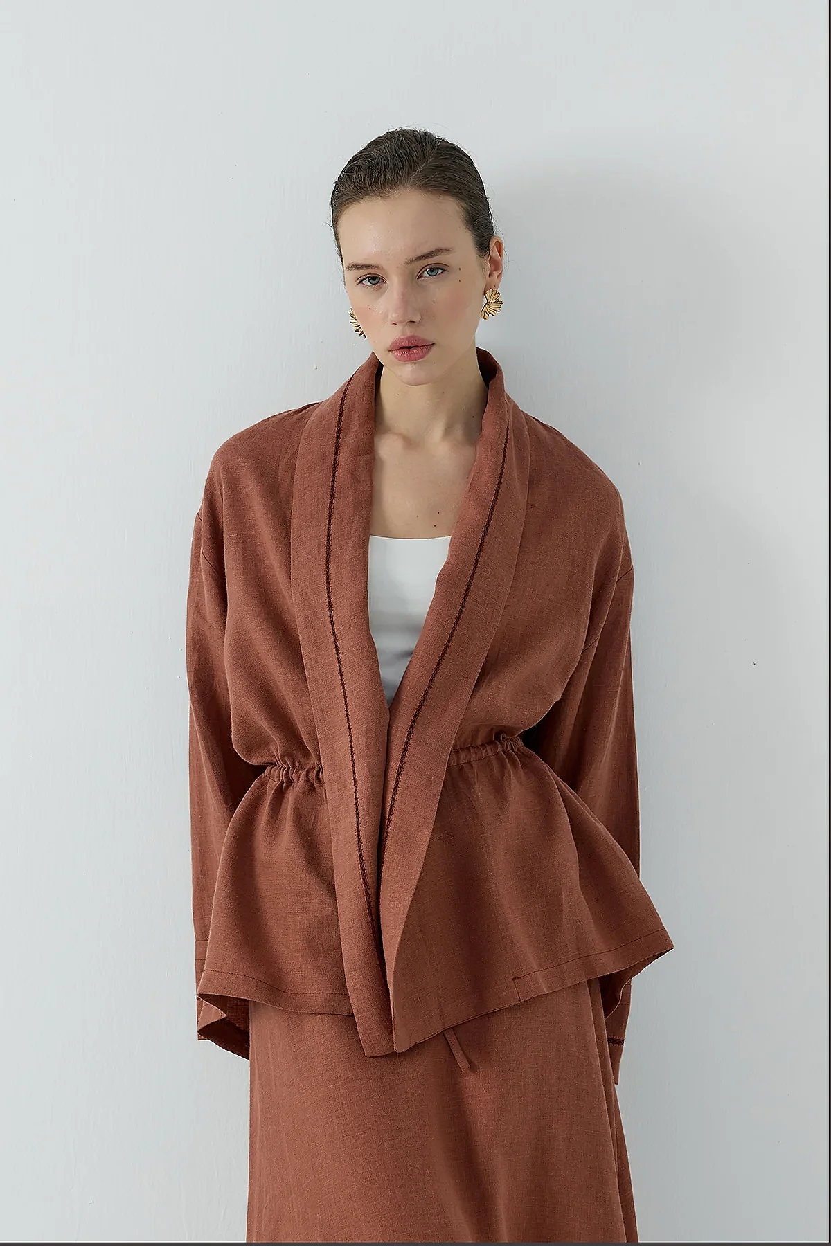 Clande Dantel Detaylı Beli Bağlamalı Keten Kimono TARÇIN - 1