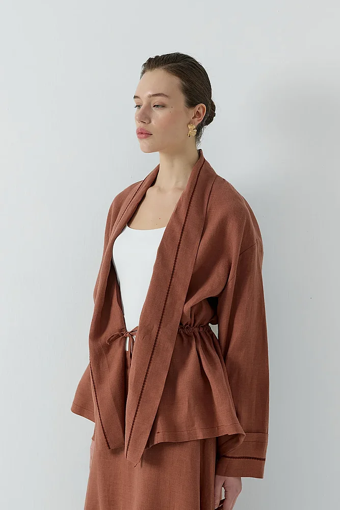 Clande Dantel Detaylı Beli Bağlamalı Keten Kimono TARÇIN - 2
