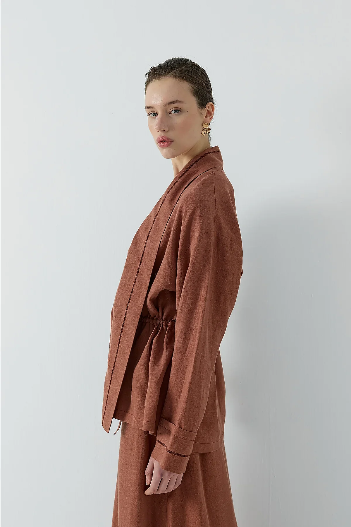 Clande Dantel Detaylı Beli Bağlamalı Keten Kimono TARÇIN - 8