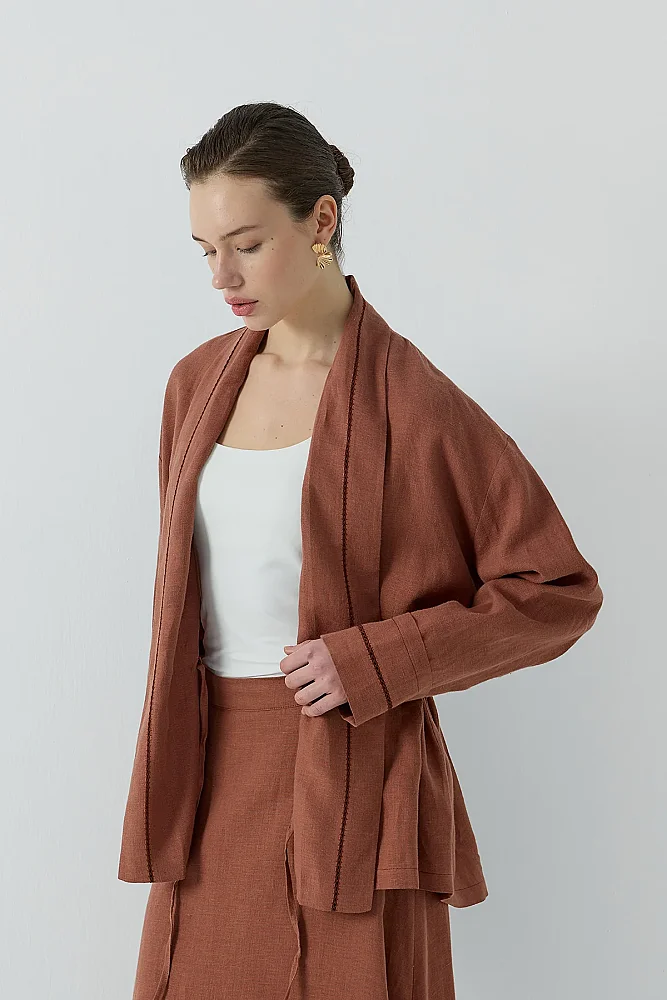 Clande Dantel Detaylı Beli Bağlamalı Keten Kimono TARÇIN - 9