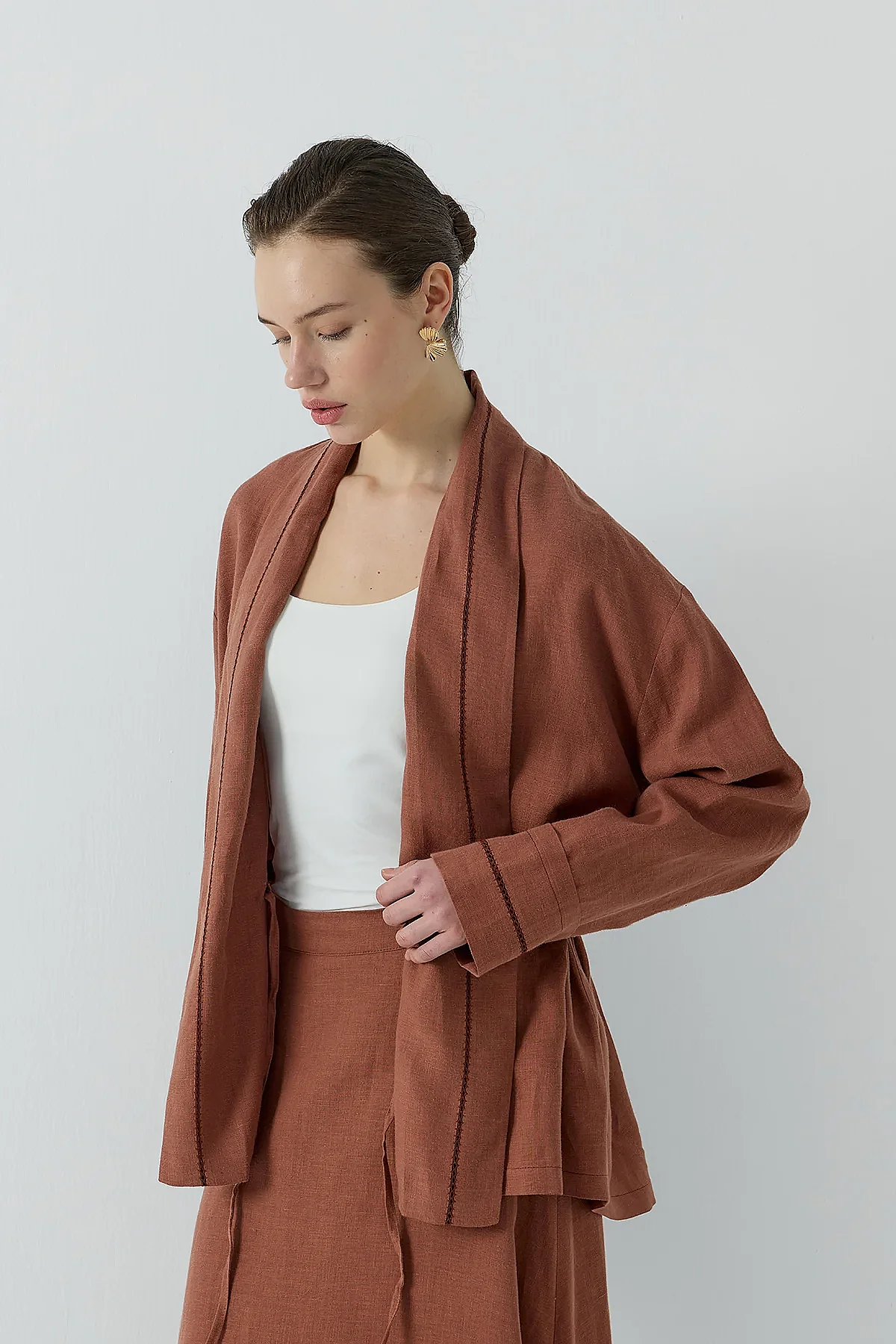 Clande Dantel Detaylı Beli Bağlamalı Keten Kimono TARÇIN - 9