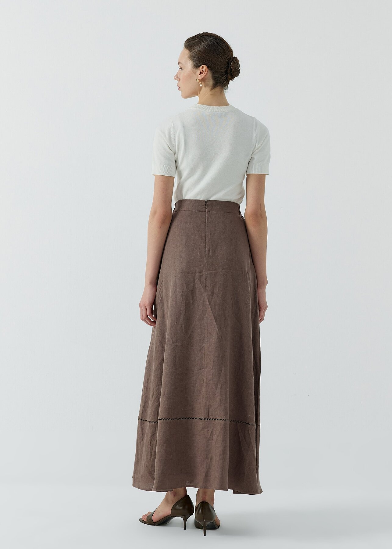 Clande Dantel Detaylı Yarı Lastikli Keten Etek KAHVE - 3