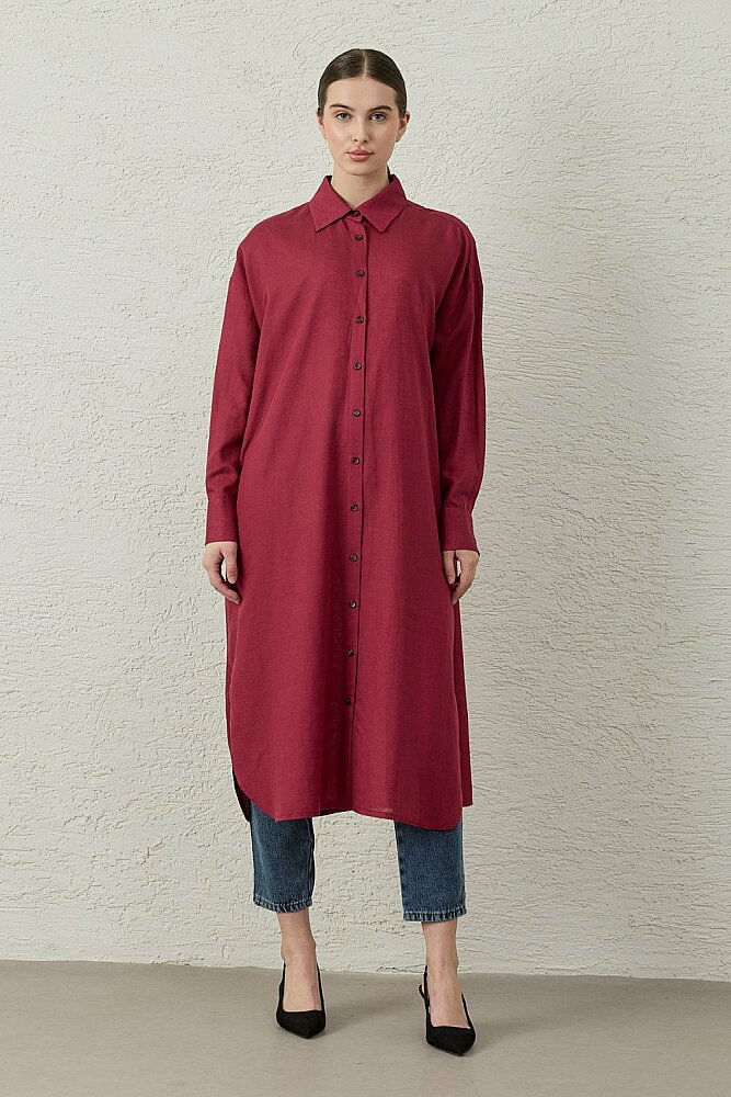 MerWish Uzun Keten Gömlek BORDO