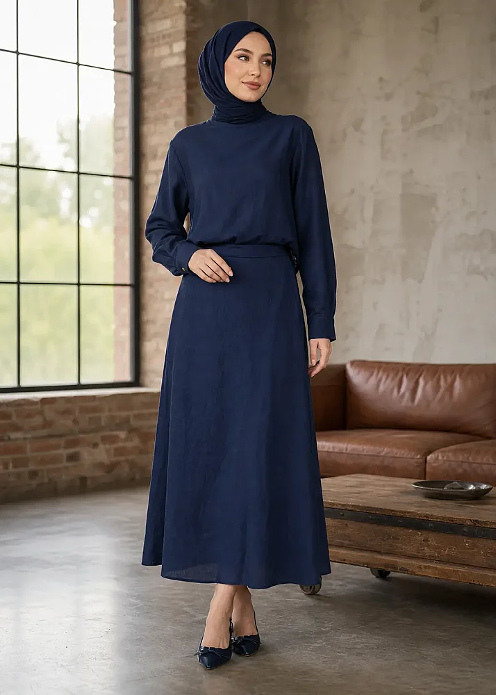 Miss Dalida A Kesim Düz Renk Keten Etek Dark Navy