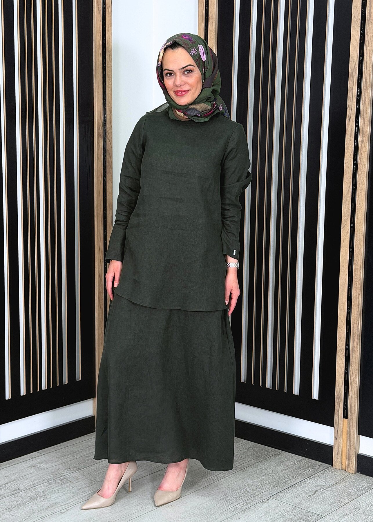 Miss Dalida A Kesim Düz Renk Keten Etek KHAKİ - 2