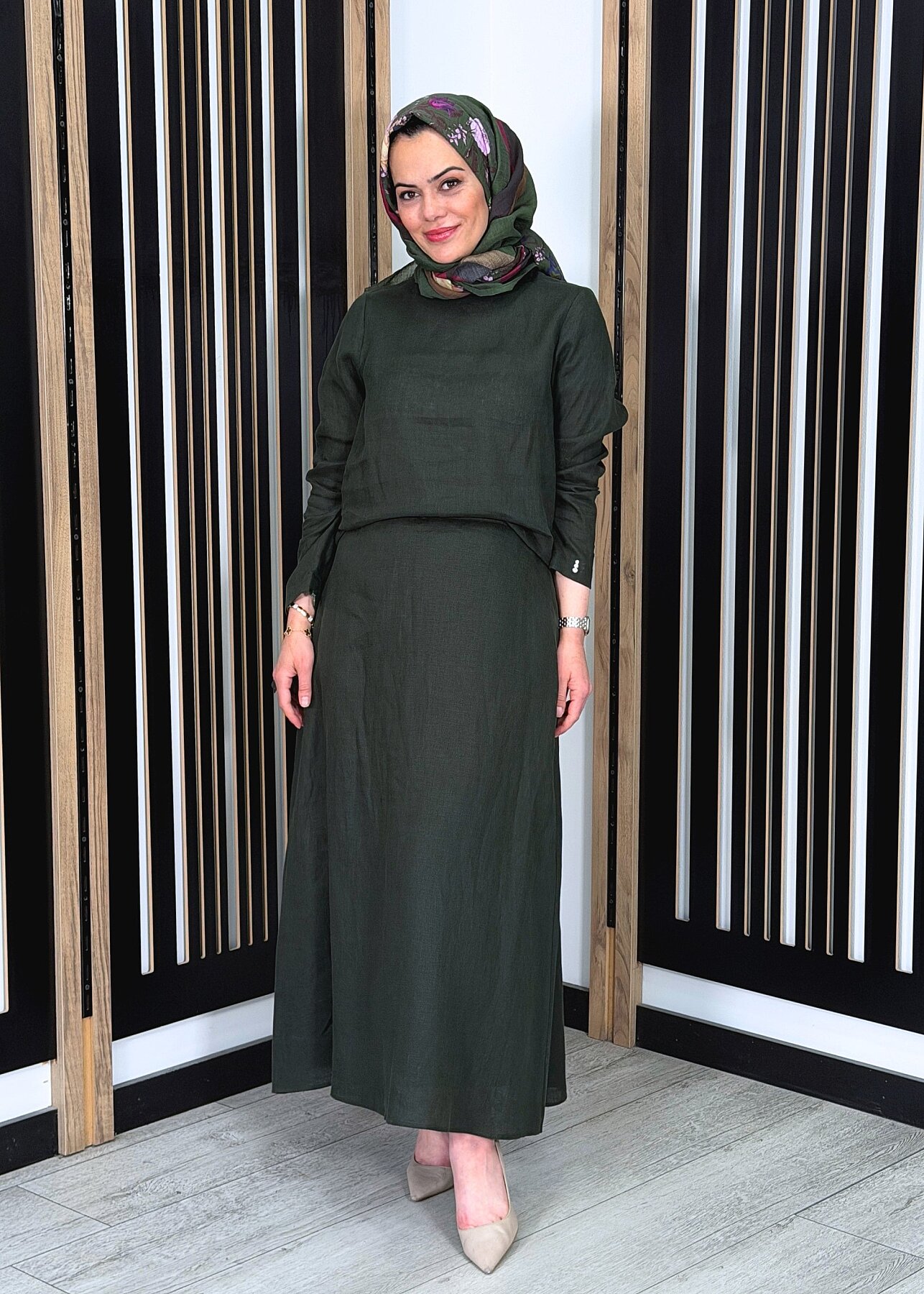 Miss Dalida A Kesim Düz Renk Keten Etek KHAKİ - 1