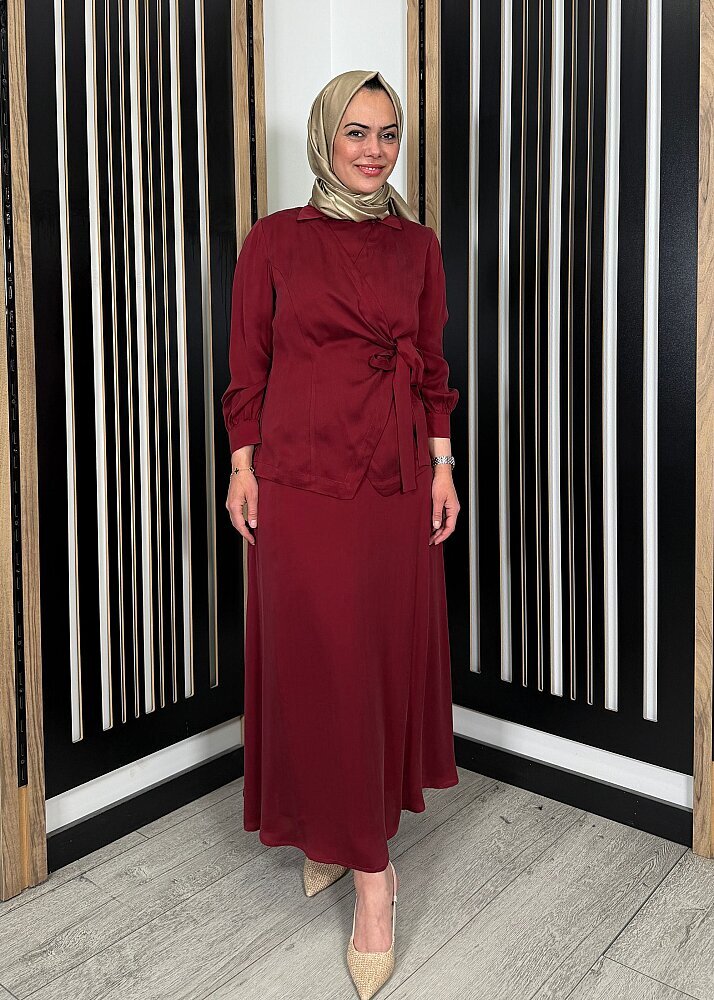 Miss Dalida Bağlama Detaylı Cupro Gömlek Cherry - 4