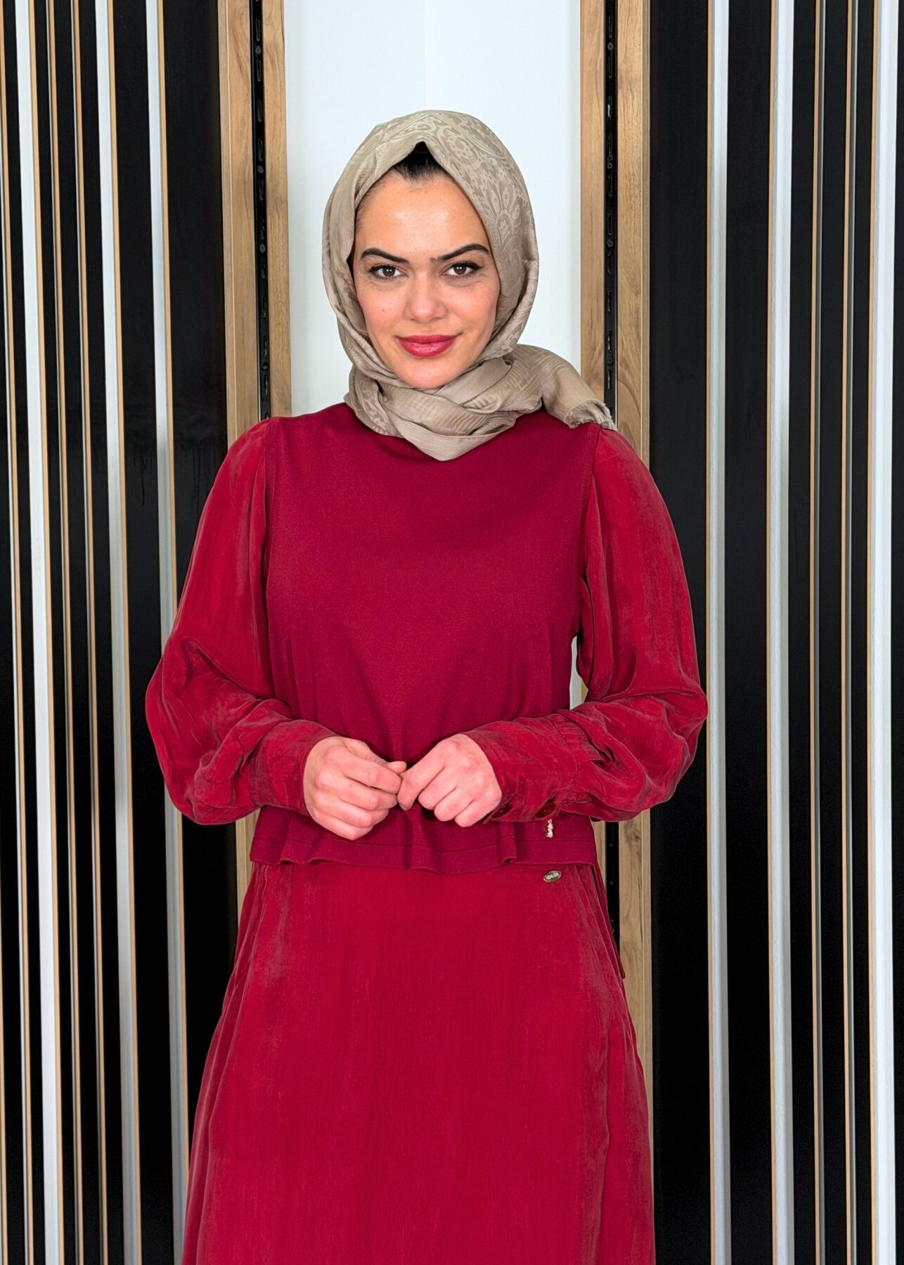Miss Dalida Balon Cupro Kollu Triko Tunik Cherry - 1