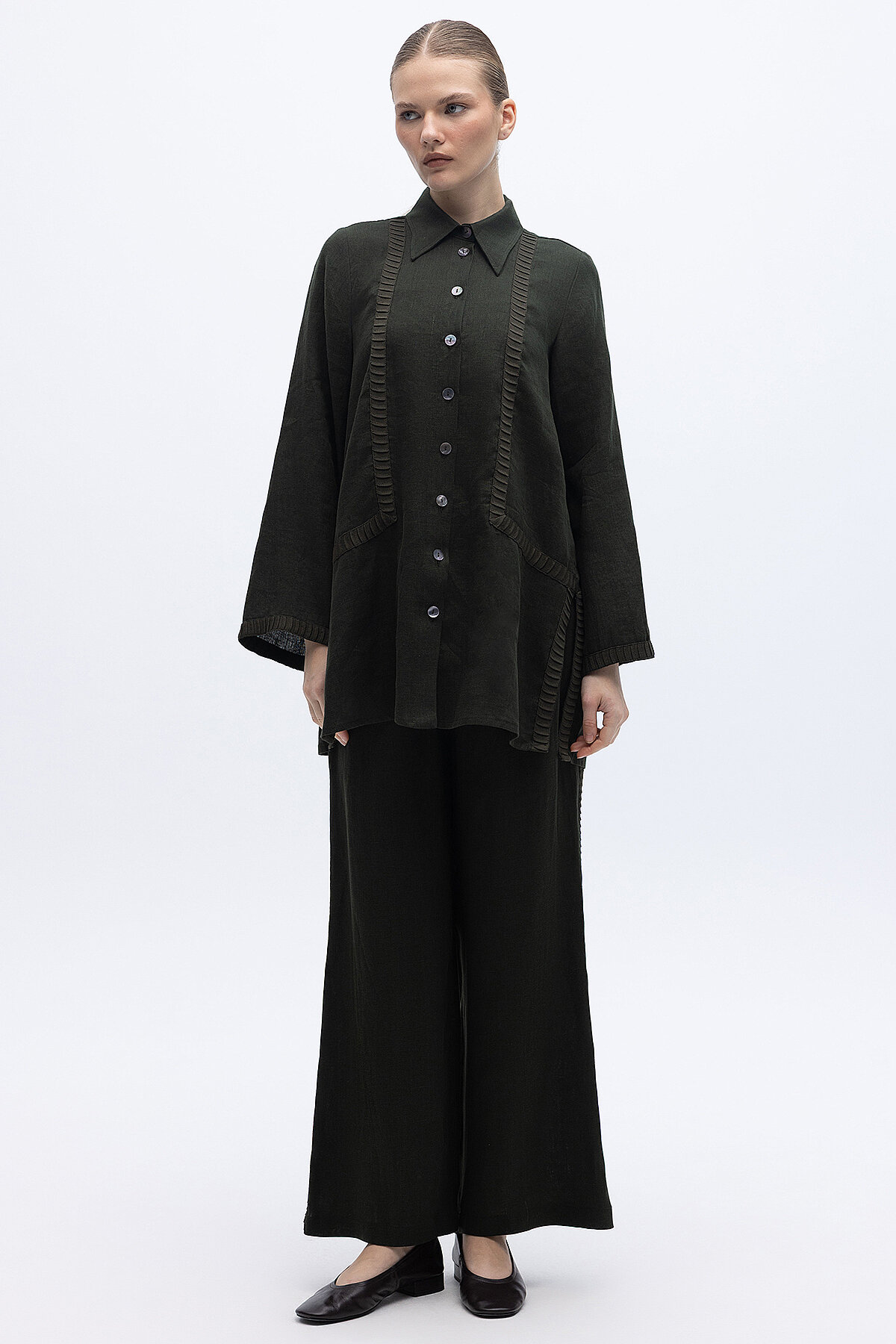 Miss Dalida Bekletme Detaylı Bol Paça Keten Pantolon BLACK - 1