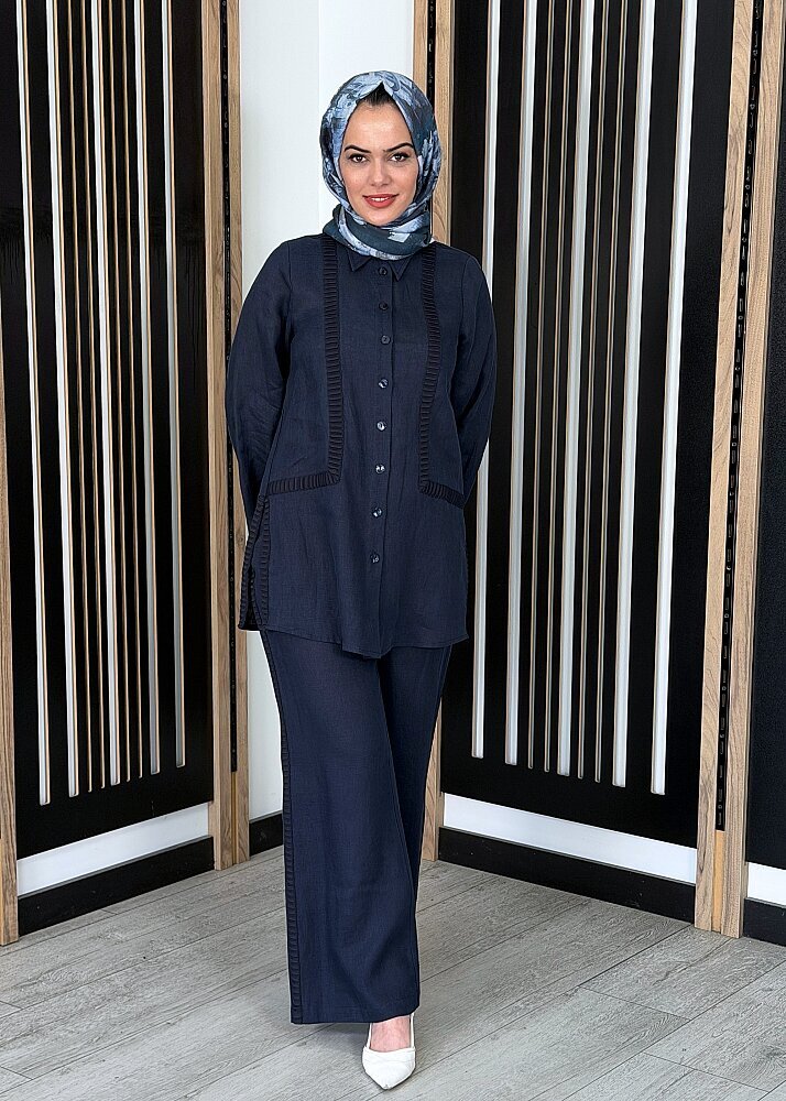 Miss Dalida Bekletme Detaylı Bol Paça Keten Pantolon Dark Navy (1)