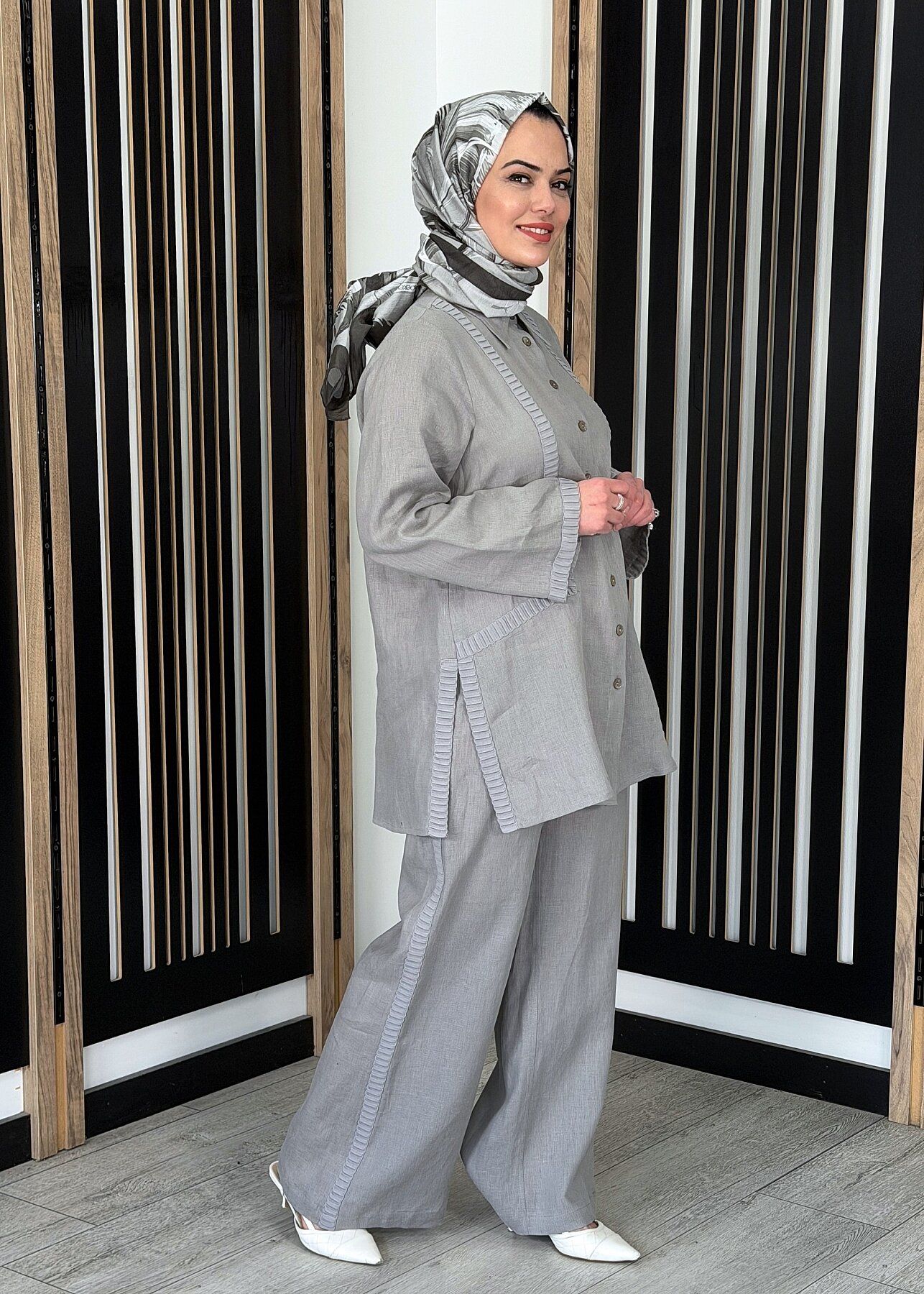 Miss Dalida Bekletme Detaylı Bol Paça Keten Pantolon GREY - 2