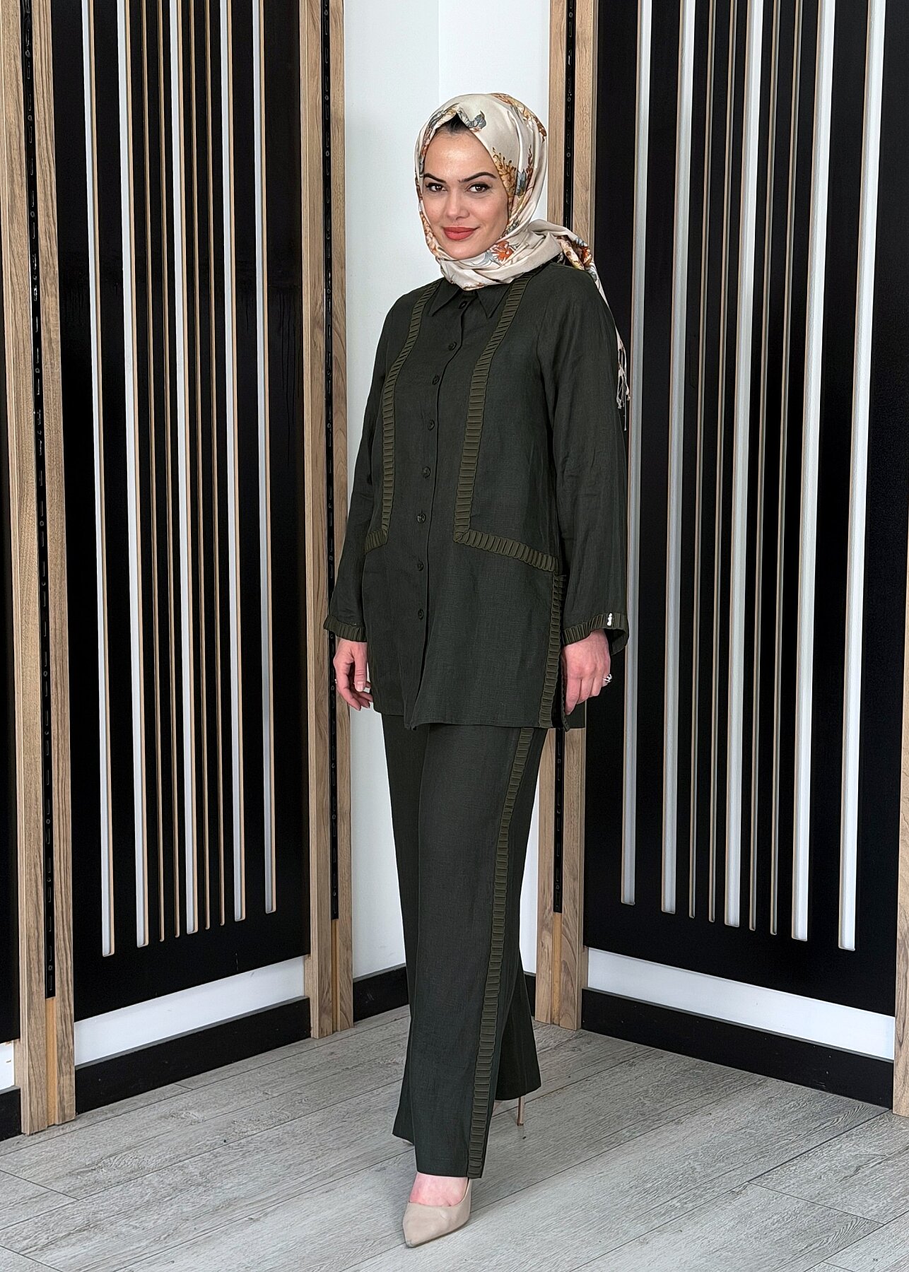 Miss Dalida Bekletme Detaylı Bol Paça Keten Pantolon KHAKİ - 2