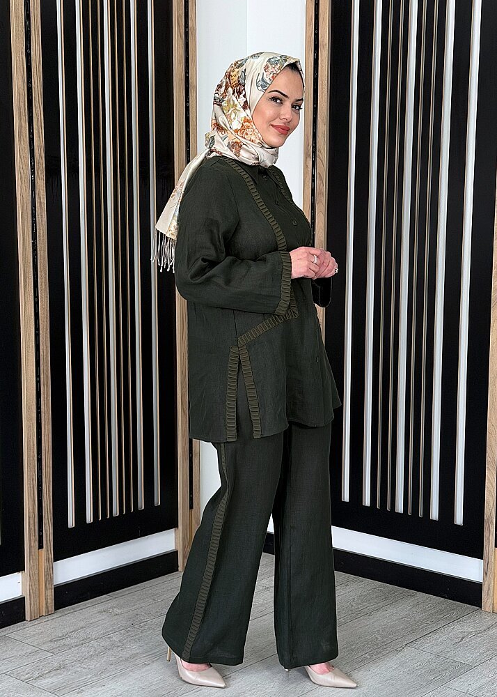 Miss Dalida Bekletme Detaylı Bol Paça Keten Pantolon KHAKİ - 3