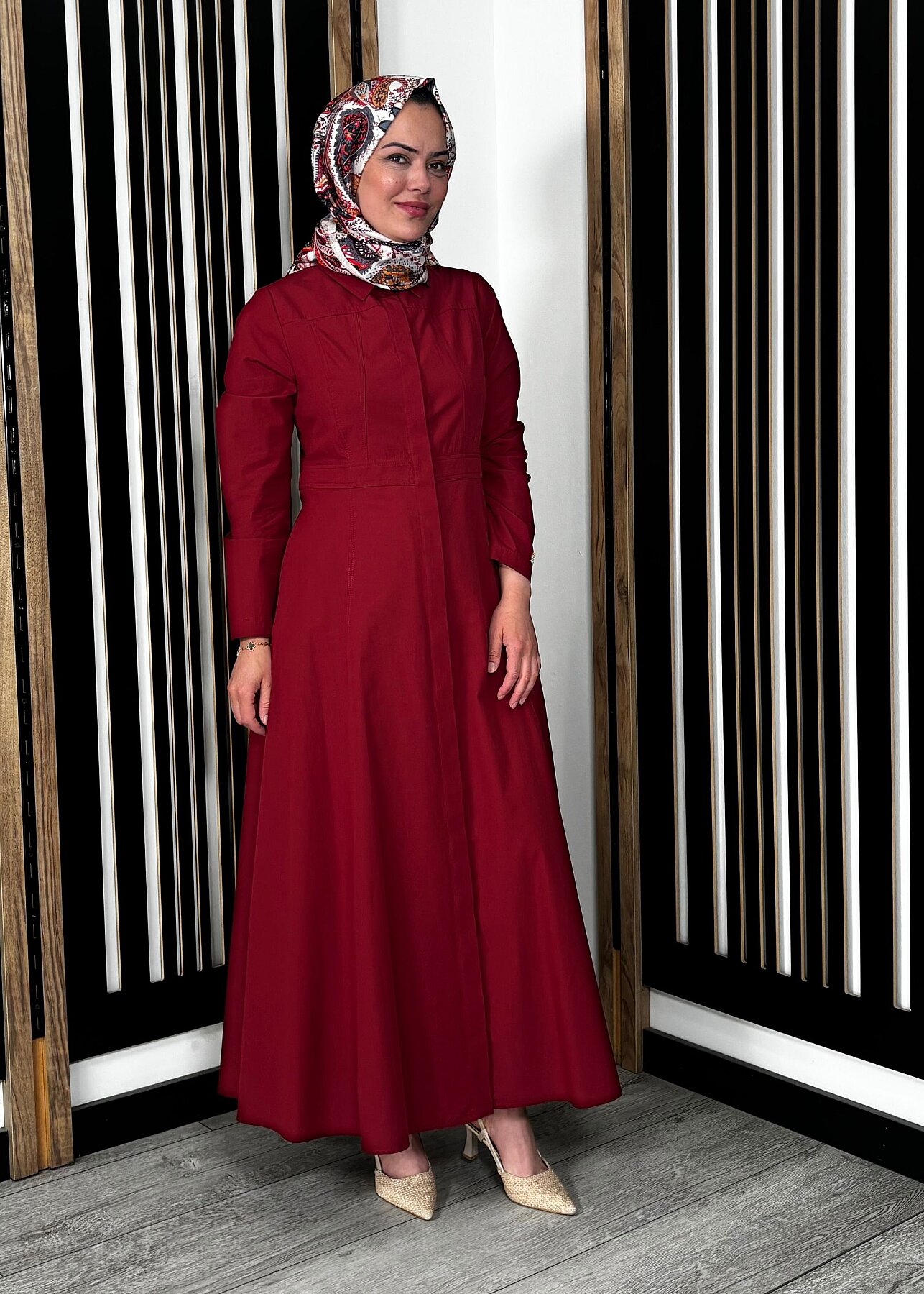 Miss Dalida Belden Oturtmalı Uzun Kollu Poplin Elbise Cherry - 7