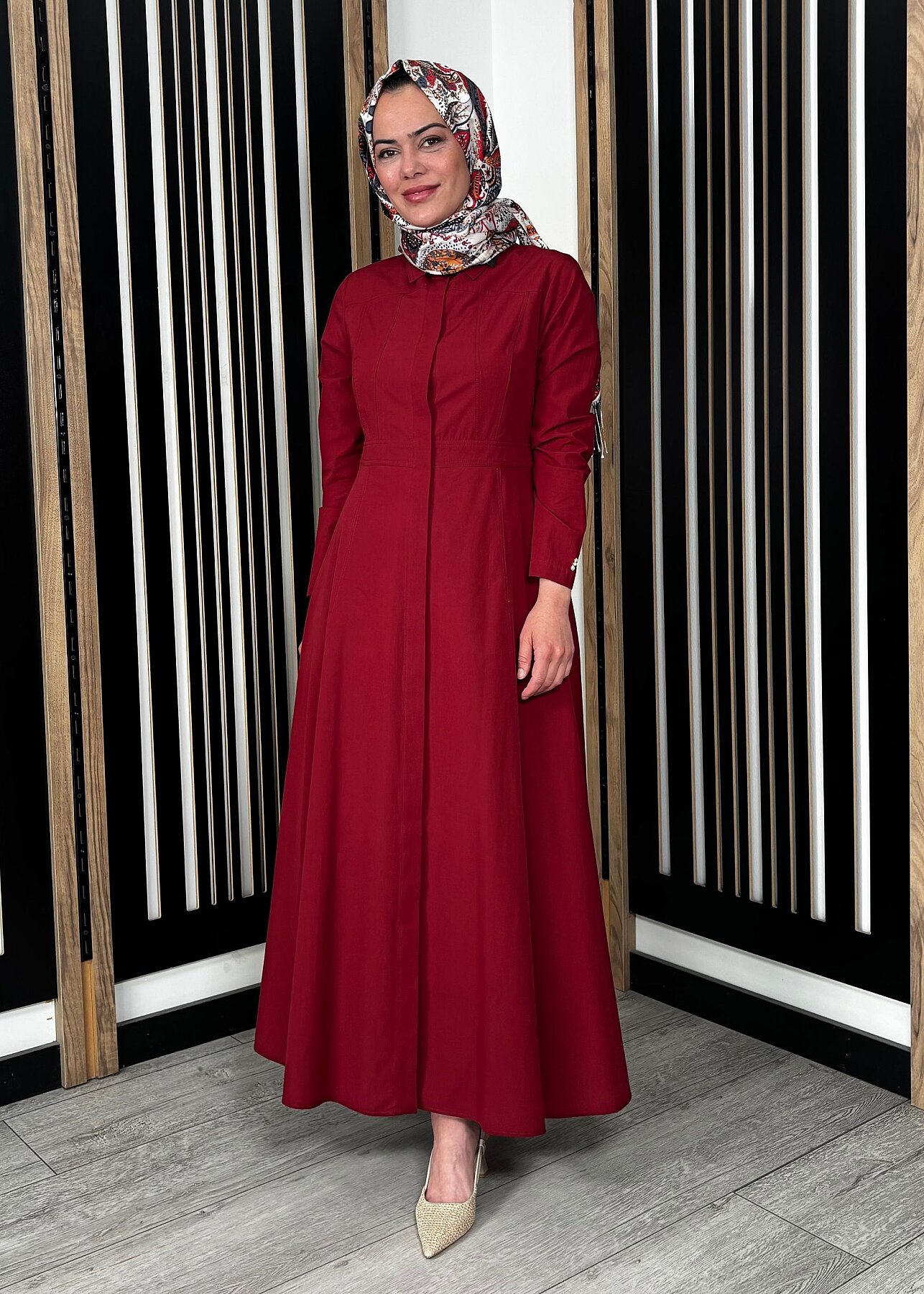 Miss Dalida Belden Oturtmalı Uzun Kollu Poplin Elbise Cherry - 8