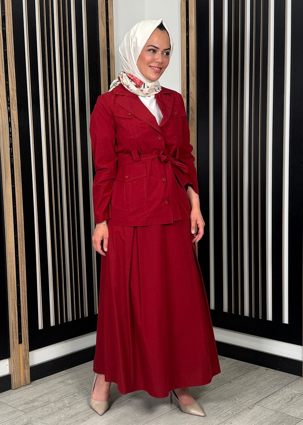 Miss Dalida Beli Kuşaklı Cepli Poplin Gömlek Cherry - 1