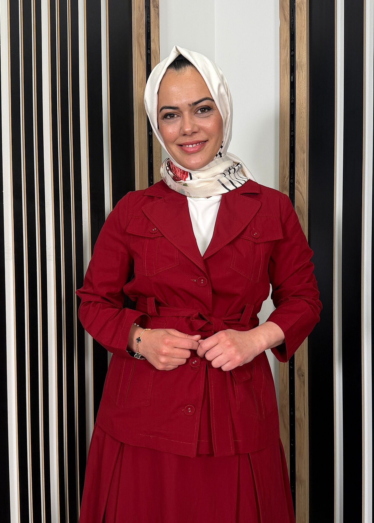 Miss Dalida Beli Kuşaklı Cepli Poplin Gömlek Cherry - 3