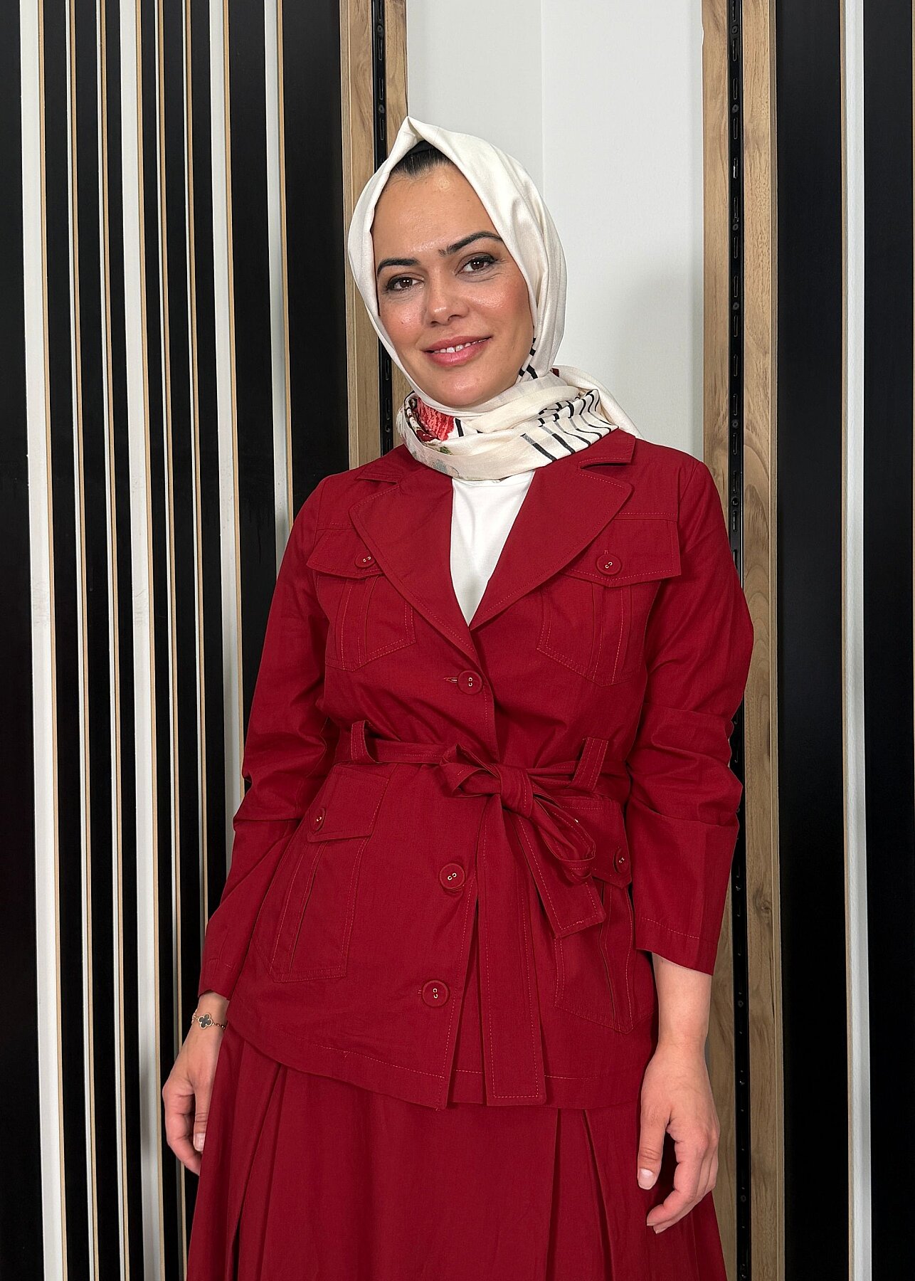 Miss Dalida Beli Kuşaklı Cepli Poplin Gömlek Cherry - 4