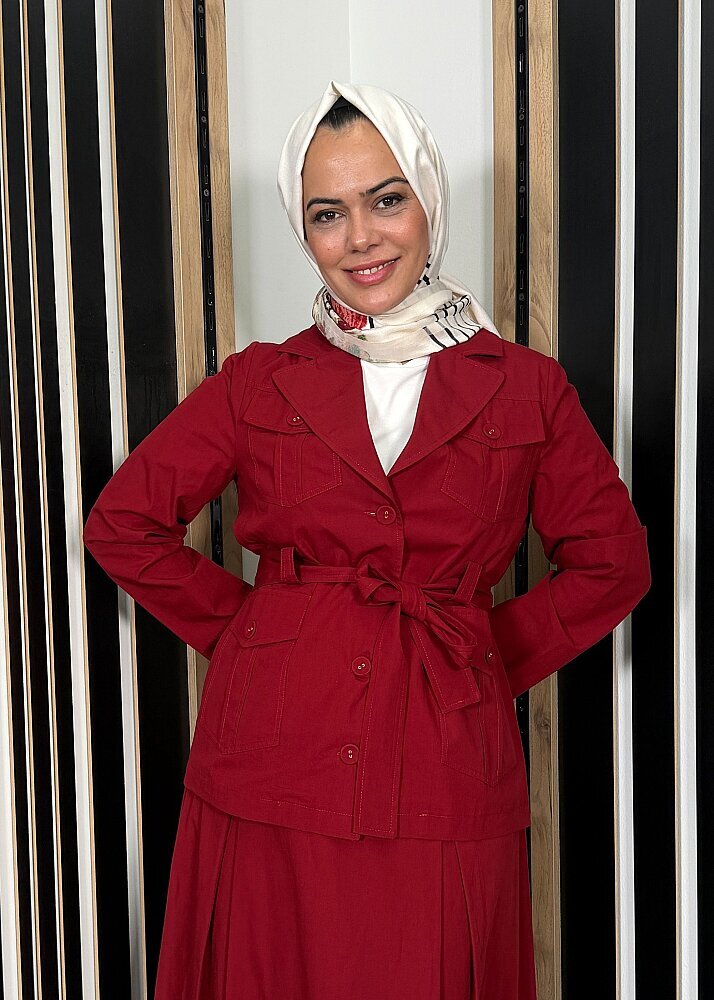 Miss Dalida Beli Kuşaklı Cepli Poplin Gömlek Cherry - 6