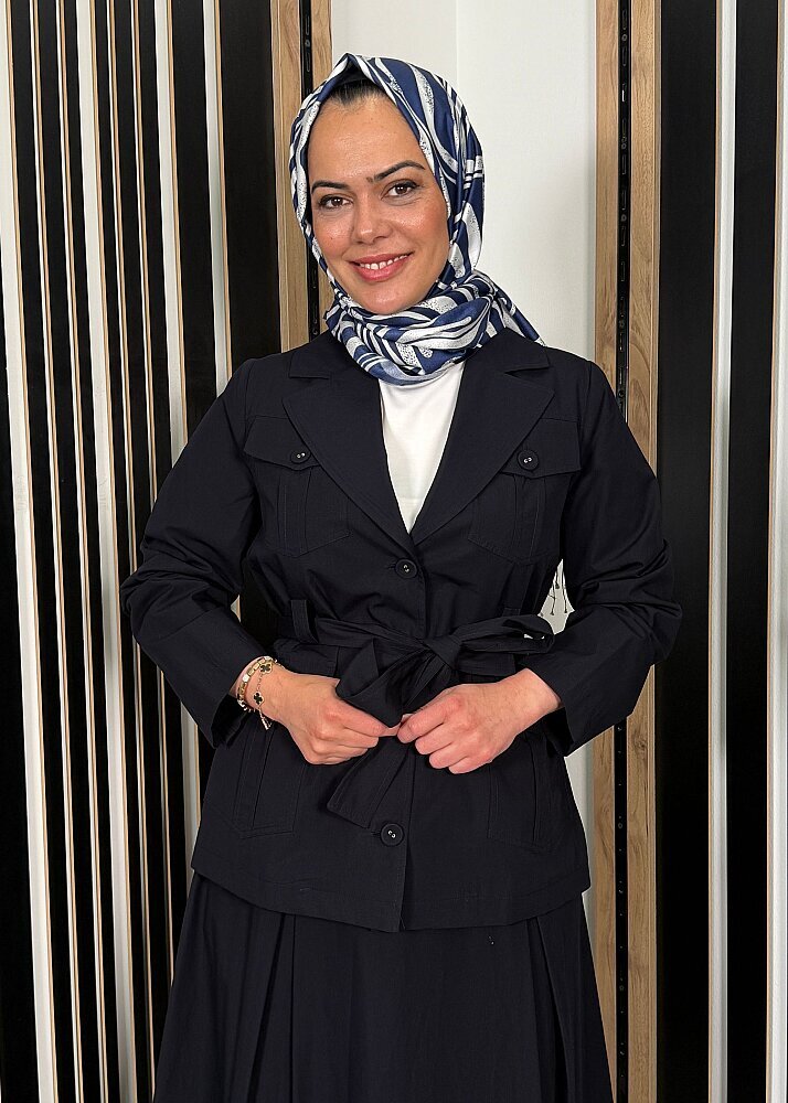 Miss Dalida Beli Kuşaklı Cepli Poplin Gömlek Dark Navy