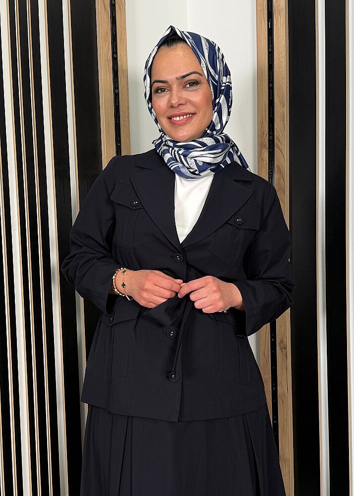Miss Dalida Beli Kuşaklı Cepli Poplin Gömlek Dark Navy (1)