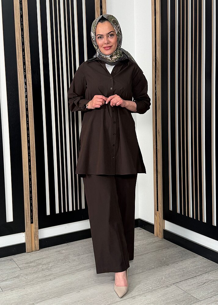 Miss Dalida Beli Kuşalı Bol Paça Pantolon Cacao - 2