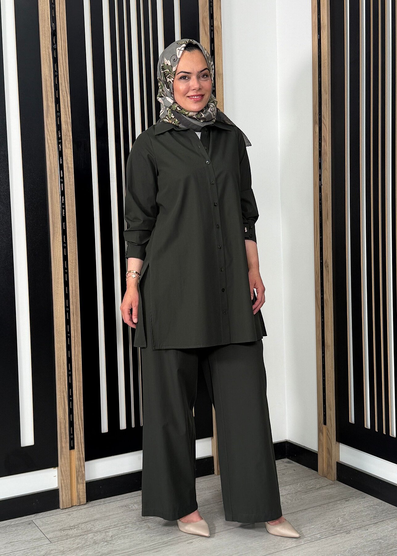 Miss Dalida Beli Kuşalı Bol Paça Pantolon KHAKİ - 3