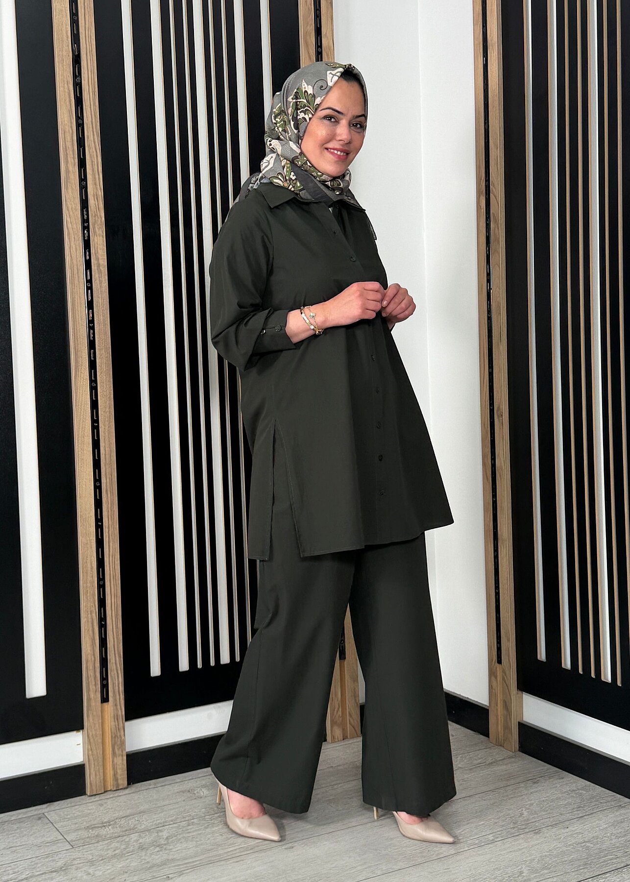 Miss Dalida Beli Kuşalı Bol Paça Pantolon KHAKİ - 4