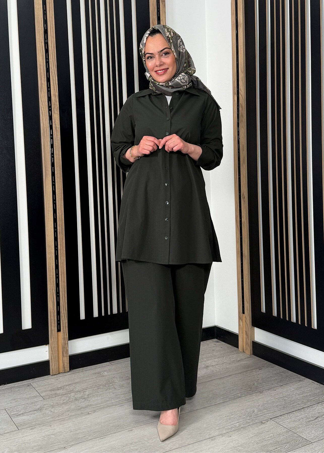 Miss Dalida Beli Kuşalı Bol Paça Pantolon KHAKİ - 1