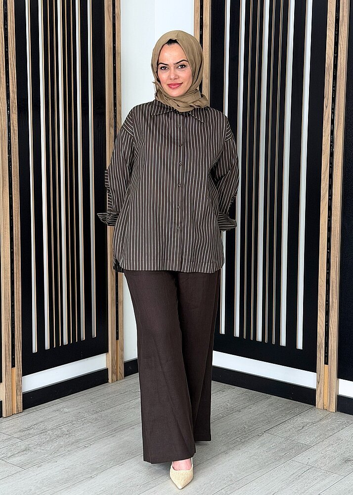 Miss Dalida Beli Lastikli Bol Paça Keten Pantolon Cacao