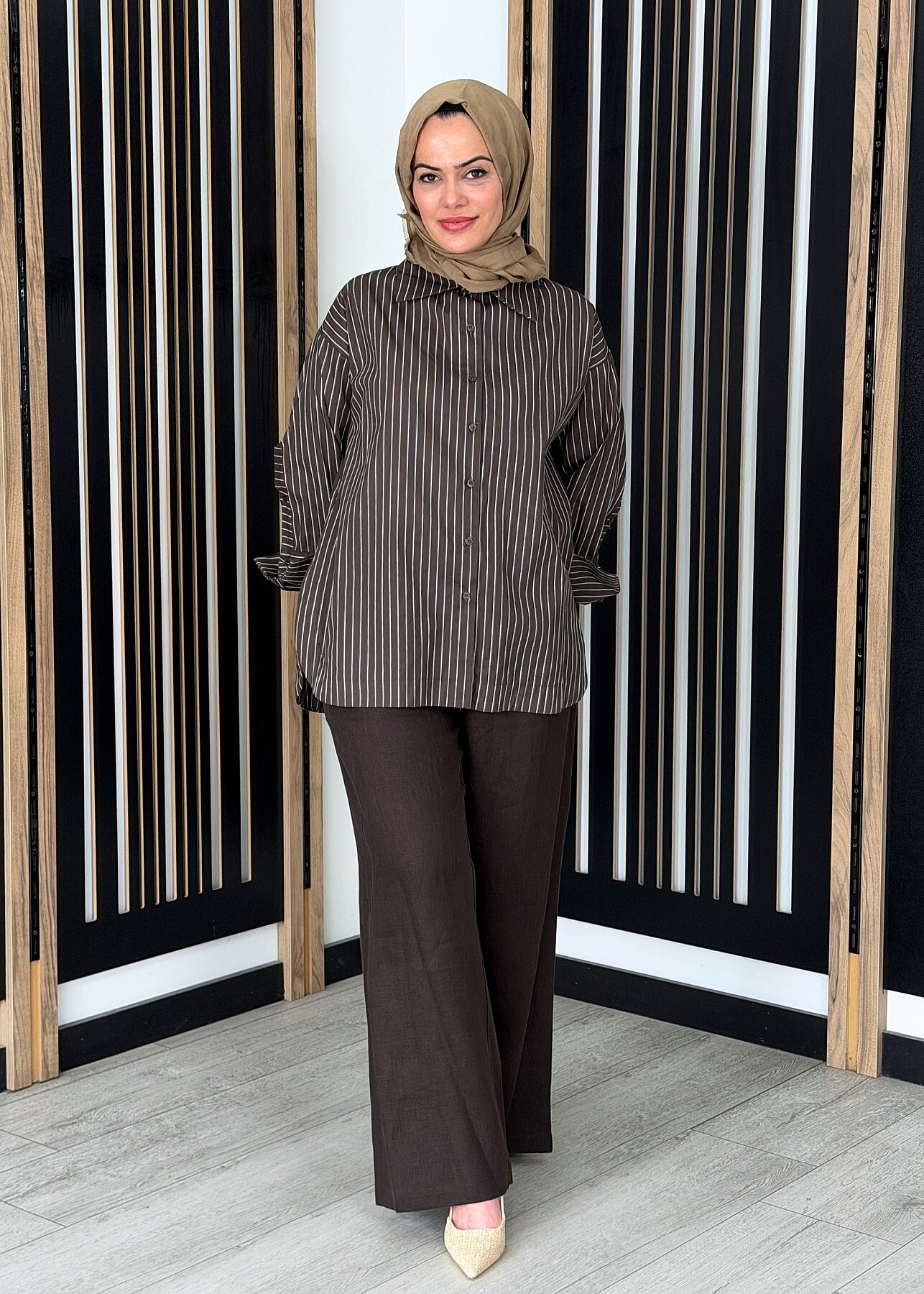 Miss Dalida Beli Lastikli Bol Paça Keten Pantolon Cacao - 1