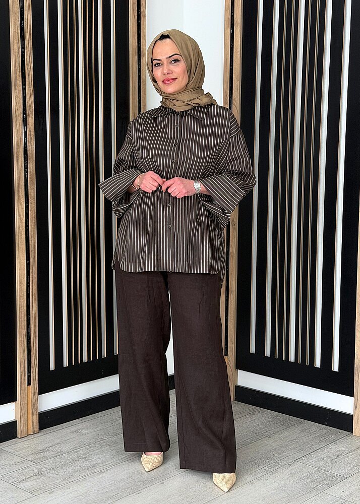 Miss Dalida Beli Lastikli Bol Paça Keten Pantolon Cacao (1)