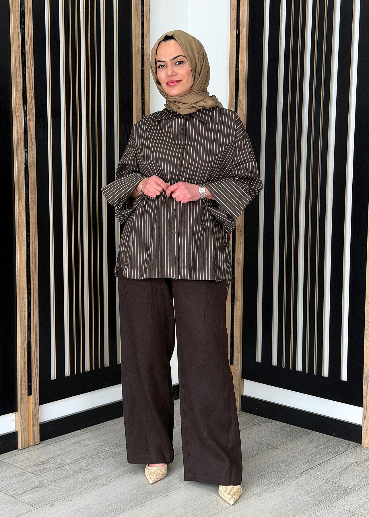Miss Dalida Beli Lastikli Bol Paça Keten Pantolon Cacao - 2