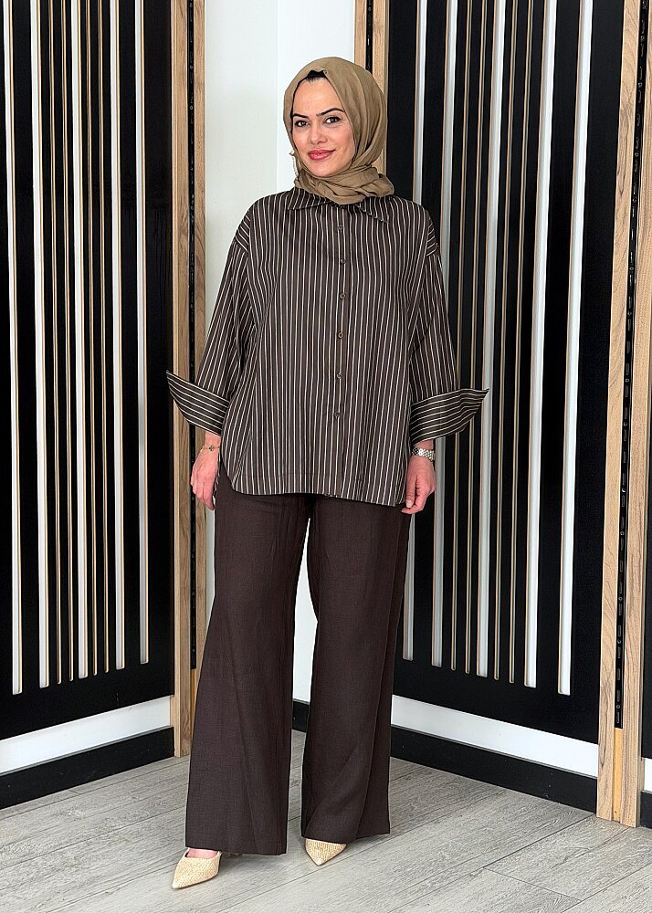 Miss Dalida Beli Lastikli Bol Paça Keten Pantolon Cacao - 3