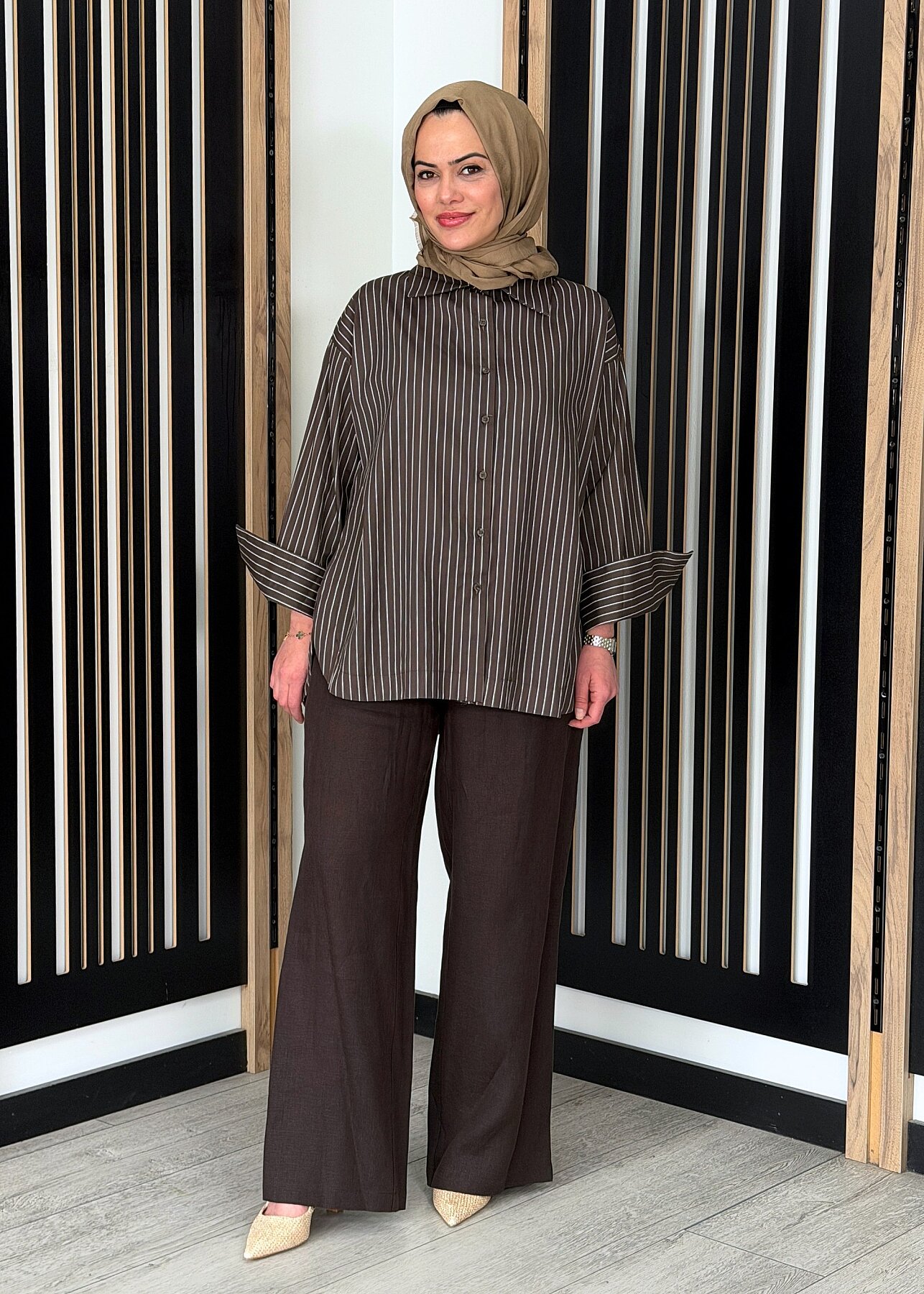 Miss Dalida Beli Lastikli Bol Paça Keten Pantolon Cacao - 3