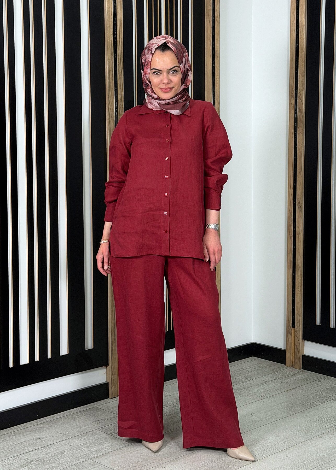 Miss Dalida Beli Lastikli Bol Paça Keten Pantolon Cherry - 1