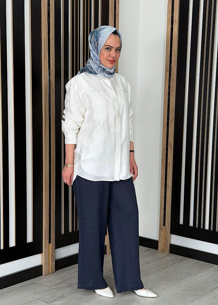 Miss Dalida Beli Lastikli Bol Paça Keten Pantolon Dark Navy (1)