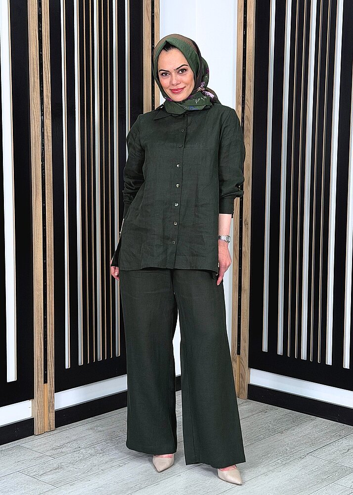 Miss Dalida Beli Lastikli Bol Paça Keten Pantolon KHAKİ
